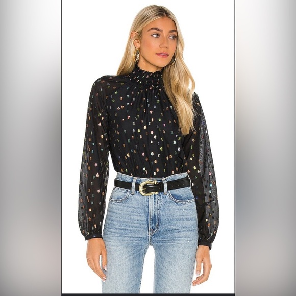 NWT Yumi Kim Lexington Blouse Black and Silver Smocked Ruffled Blouse - Picture 1 of 7